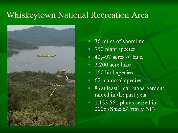 Whiskeytown National Recreation Area 36 miles of shoreline 750 plant species 42, 497 acres