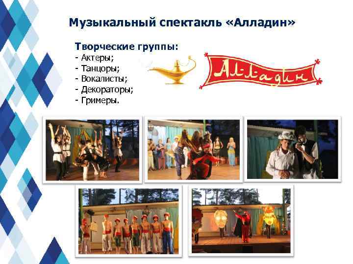 Музыкальный спектакль «Алладин» Творческие группы: - Актеры; - Танцоры; - Вокалисты; - Декораторы; -