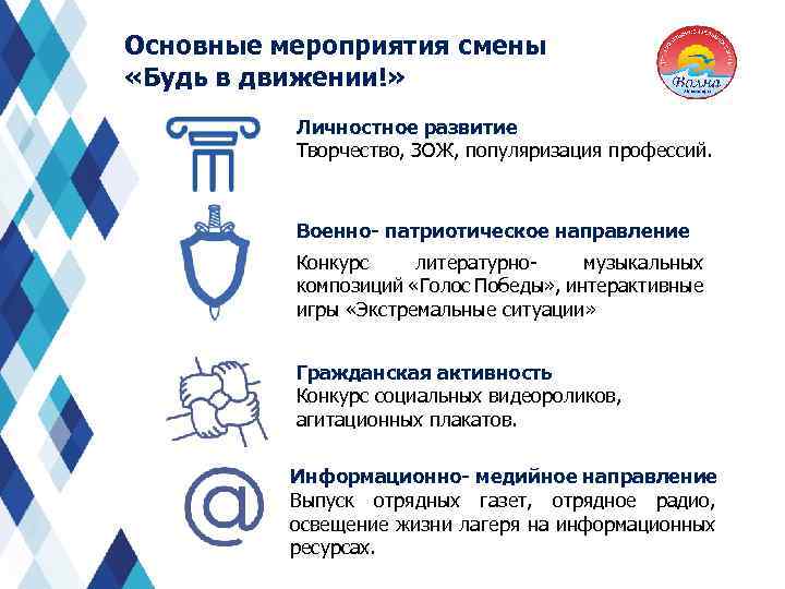 Основные мероприятия смены «Будь в движении!» Личностное развитие Творчество, ЗОЖ, популяризация профессий. Военно- патриотическое