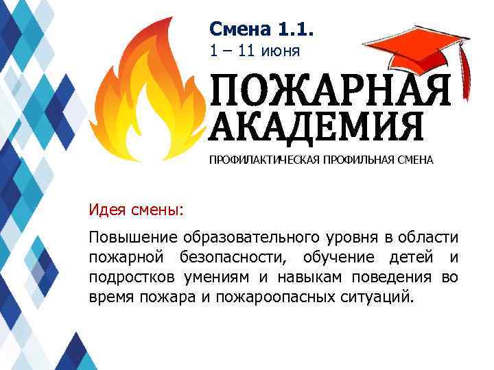 Смена 1. 1. 1 – 11 июня ПОЖАРНАЯ АКАДЕМИЯ ПРОФИЛАКТИЧЕСКАЯ ПРОФИЛЬНАЯ СМЕНА Идея смены: