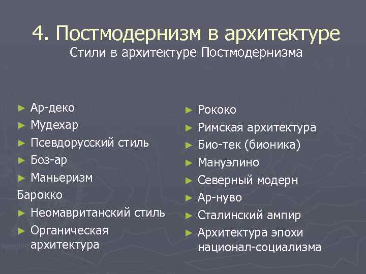  4. Постмодернизм в архитектуре Стили в архитектуре Постмодернизма Ар-деко ► Мудехар ► Псевдорусский
