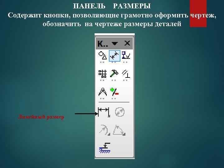 ПАНЕЛЬ РАЗМЕРЫ Содержит кнопки, позволяющие грамотно оформить чертеж, обозначить на чертеже размеры деталей Линейный