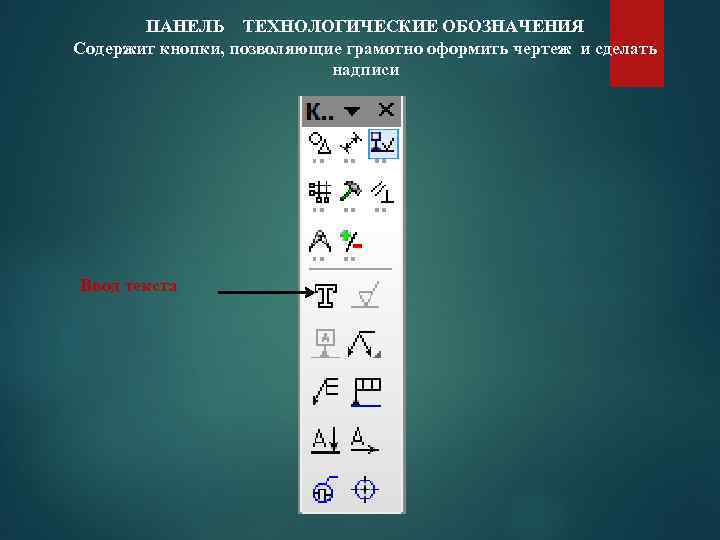 ПАНЕЛЬ ТЕХНОЛОГИЧЕСКИЕ ОБОЗНАЧЕНИЯ Содержит кнопки, позволяющие грамотно оформить чертеж и сделать надписи Ввод текста