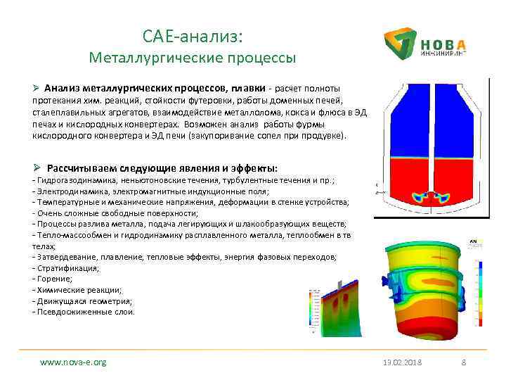 CAE-анализ: Металлургические процессы Ø Анализ металлургических процессов, плавки - расчет полноты протекания хим. реакций,