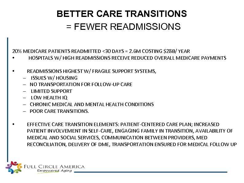 BETTER CARE TRANSITIONS = FEWER READMISSIONS 20% MEDICARE PATIENTS READMITTED <30 DAYS = 2.