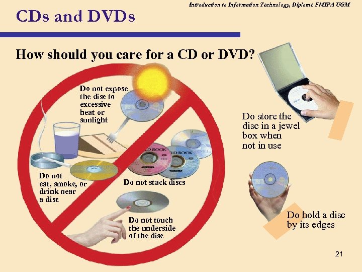CDs and DVDs Introduction to Information Technology, Diplome FMIPA UGM How should you care
