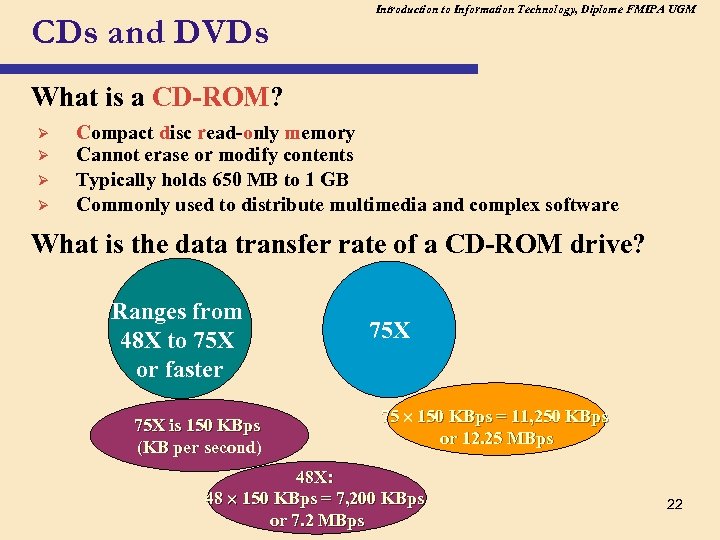 CDs and DVDs Introduction to Information Technology, Diplome FMIPA UGM What is a CD-ROM?