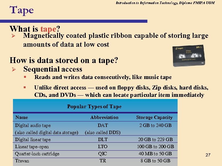 Introduction to Information Technology, Diplome FMIPA UGM Tape What is tape? Ø Magnetically coated