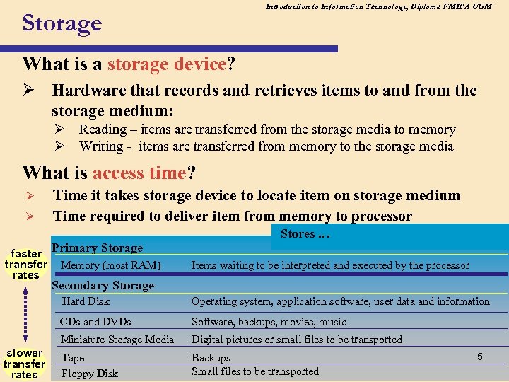 Introduction to Information Technology, Diplome FMIPA UGM Storage What is a storage device? Ø