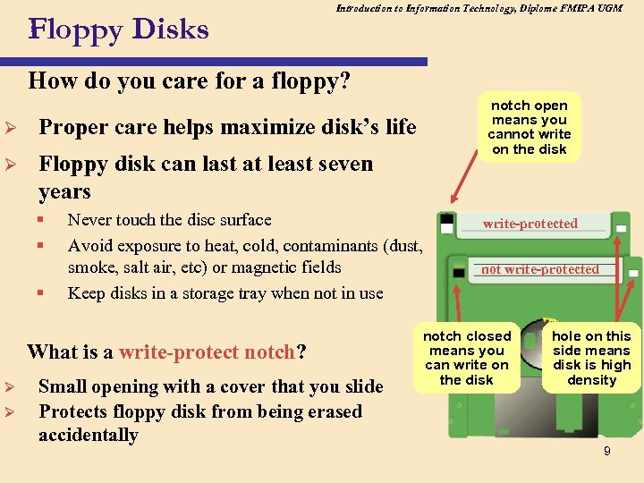 Floppy Disks Introduction to Information Technology, Diplome FMIPA UGM How do you care for