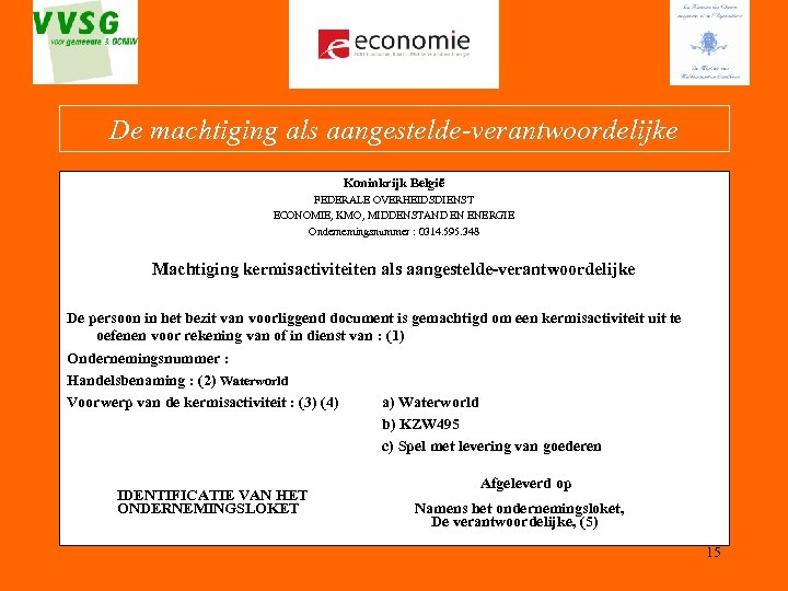 De machtiging als aangestelde-verantwoordelijke Koninkrijk België FEDERALE OVERHEIDSDIENST ECONOMIE, KMO, MIDDENSTAND EN ENERGIE Ondernemingsnummer