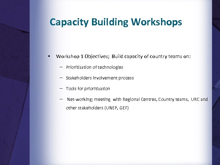 Capacity Building Workshops • Workshop 1 Objectives; Build capacity of country teams on: −