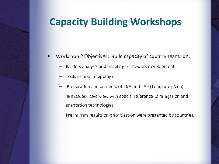 Capacity Building Workshops • Workshop 2 Objectives; Build capacity of country teams on: −