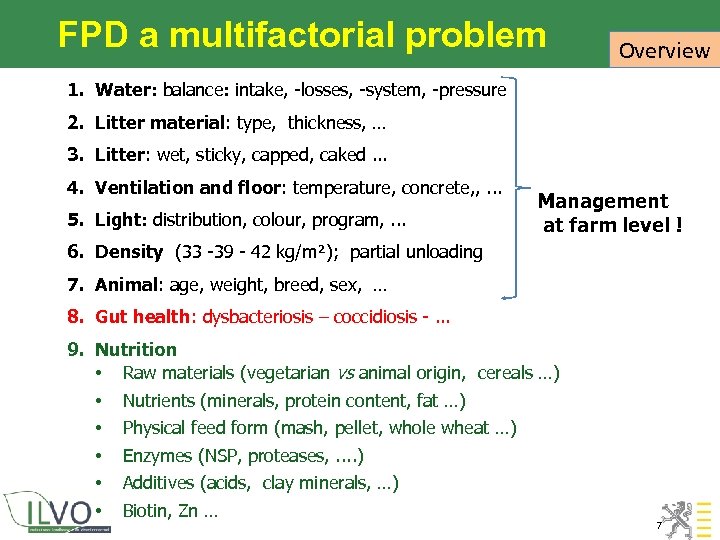 FPD a multifactorial problem Overview 1. Water: balance: intake, -losses, -system, -pressure 2. Litter