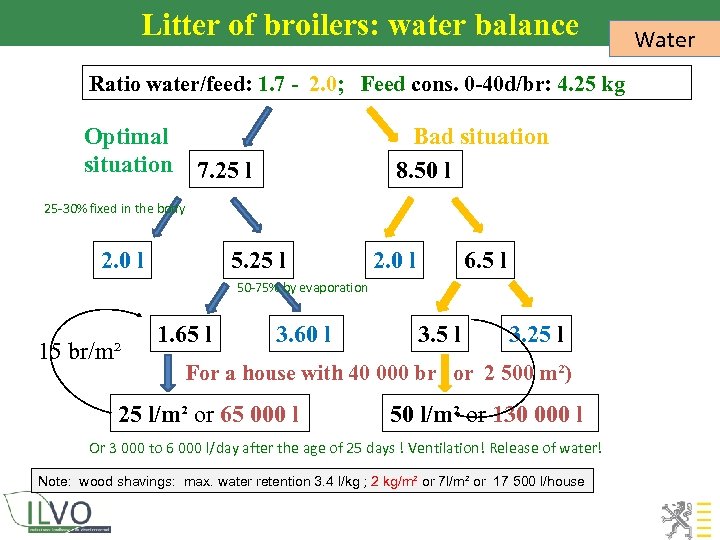 Litter of broilers: water balance Ratio water/feed: 1. 7 - 2. 0; Feed cons.