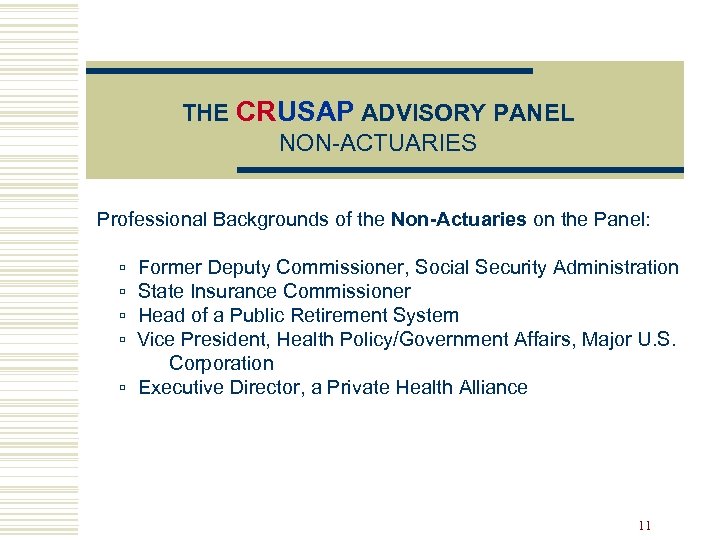 THE CRUSAP ADVISORY PANEL NON-ACTUARIES Professional Backgrounds of the Non-Actuaries on the Panel: ▫