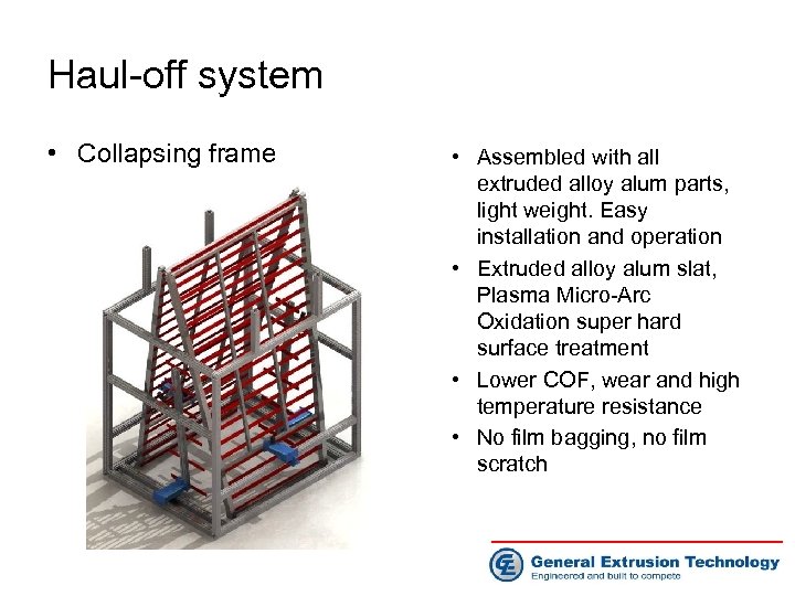 Haul-off system • Collapsing frame • Assembled with all extruded alloy alum parts, light