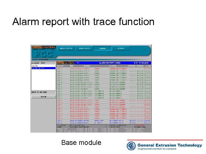 Alarm report with trace function Base module 