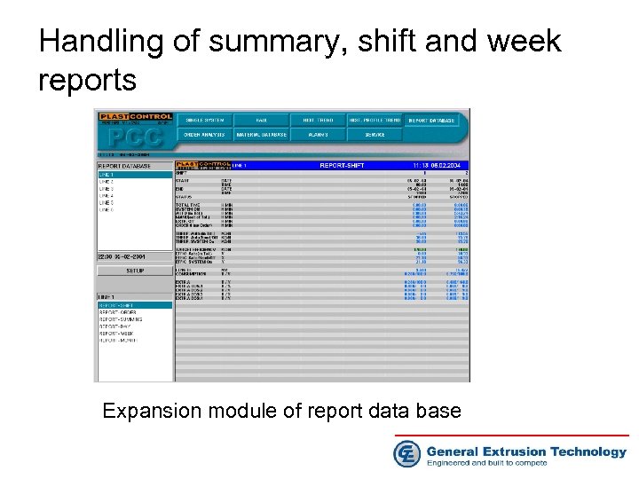 Handling of summary, shift and week reports Expansion module of report data base 