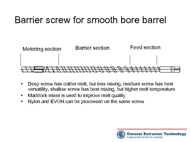 Barrier screw for smooth bore barrel Metering section • • • Barrier section Feed