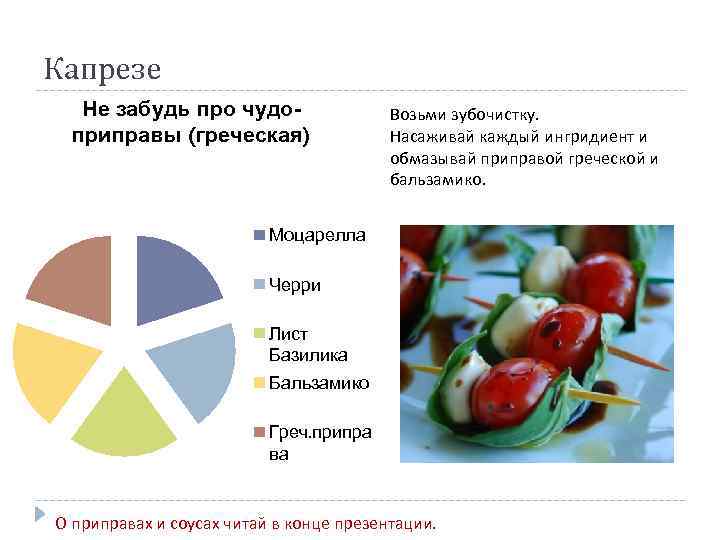 Капрезе Не забудь про чудоприправы (греческая) Возьми зубочистку. Насаживай каждый ингридиент и обмазывай приправой
