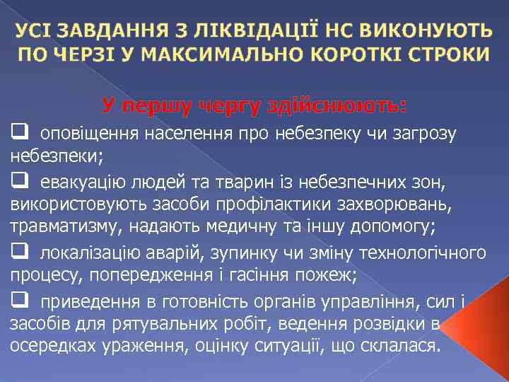 УСІ ЗАВДАННЯ З ЛІКВІДАЦІЇ НС ВИКОНУЮТЬ ПО ЧЕРЗІ У МАКСИМАЛЬНО КОРОТКІ СТРОКИ У першу