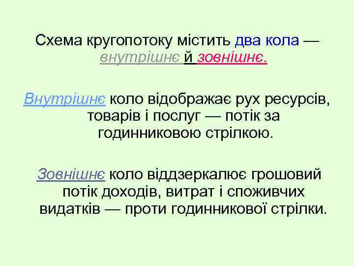 Схема кругопотоку містить два кола — внутрішнє й зовнішнє. Внутрішнє коло відображає рух ресурсів,