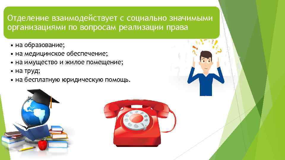 Отделение взаимодействует с социально значимыми организациями по вопросам реализации права • на образование; •