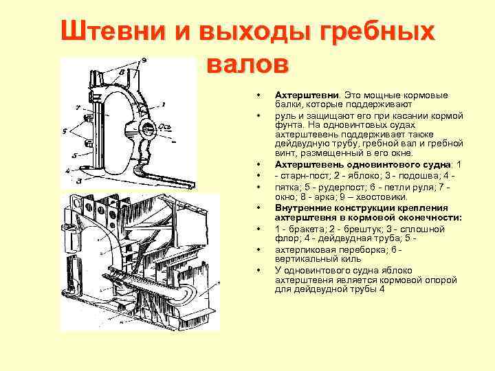 Штевни и выходы гребных валов • • • Ахтерштевни. Это мощные кормовые балки, которые