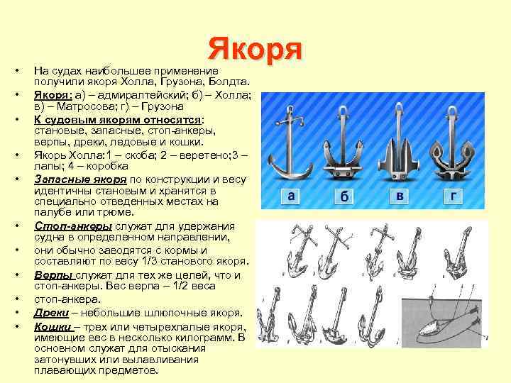  • • • Якоря На судах наибольшее применение получили якоря Холла, Грузона, Болдта.