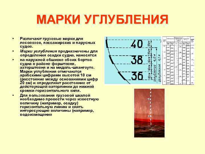 МАРКИ УГЛУБЛЕНИЯ • • Различают грузовые марки для лесовозов, пассажирских и парусных судов. Марки