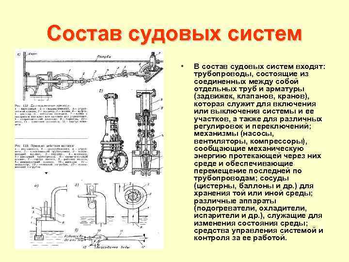 Состав судовых систем • В состав судовых систем входят: трубопроводы, состоящие из соединенных между