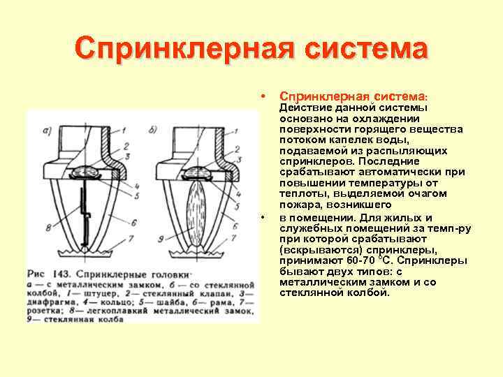 Спринклерная система • • Спринклерная система: Действие данной системы основано на охлаждении поверхности горящего