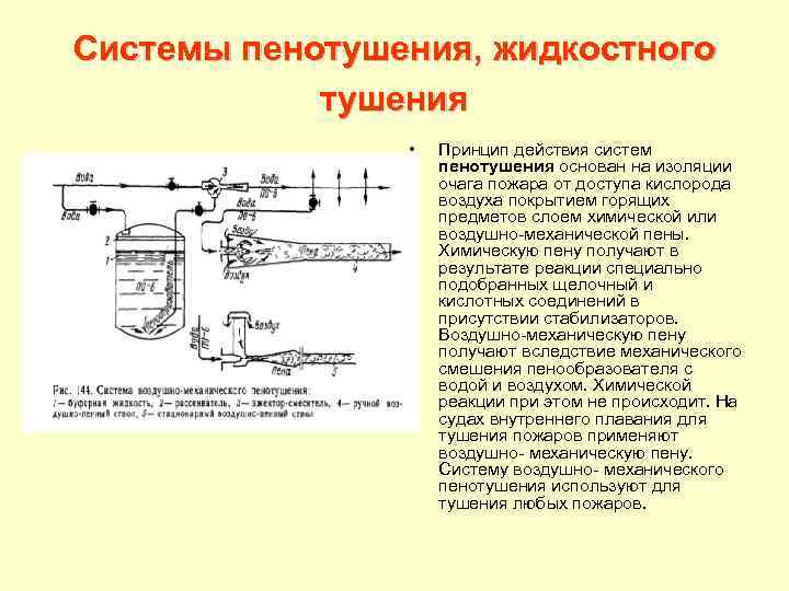 Системы пенотушения, жидкостного тушения • Принцип действия систем пенотушения основан на изоляции очага пожара