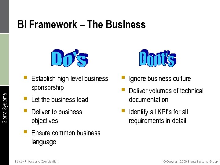 BI Framework – The Business Sierra Systems § Establish high level business sponsorship §