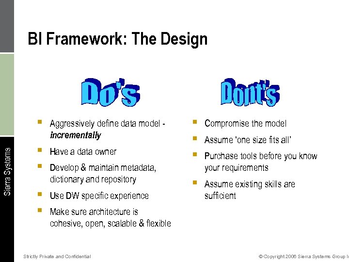 BI Framework: The Design Sierra Systems § § § Aggressively define data model incrementally
