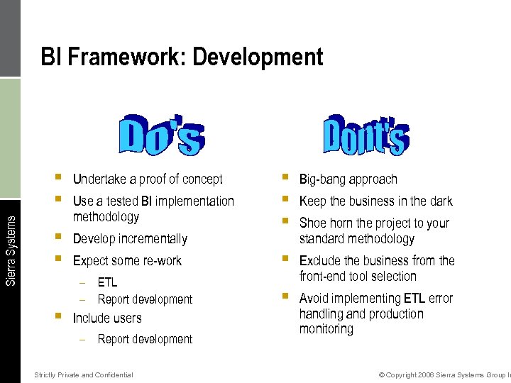 BI Framework: Development Sierra Systems § § § Undertake a proof of concept Use