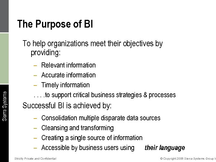 The Purpose of BI Sierra Systems To help organizations meet their objectives by providing: