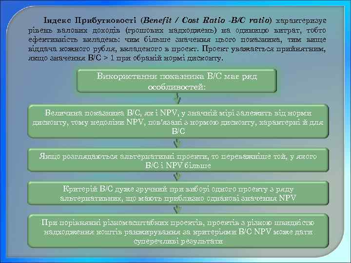 Індекс Прибутковості (Benefit / Cost Ratio -B/C ratio) характеризує рівень валових доходів (грошових надходжень)