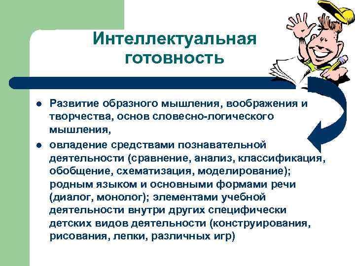 Интеллектуальная готовность l l Развитие образного мышления, воображения и творчества, основ словесно-логического мышления, овладение