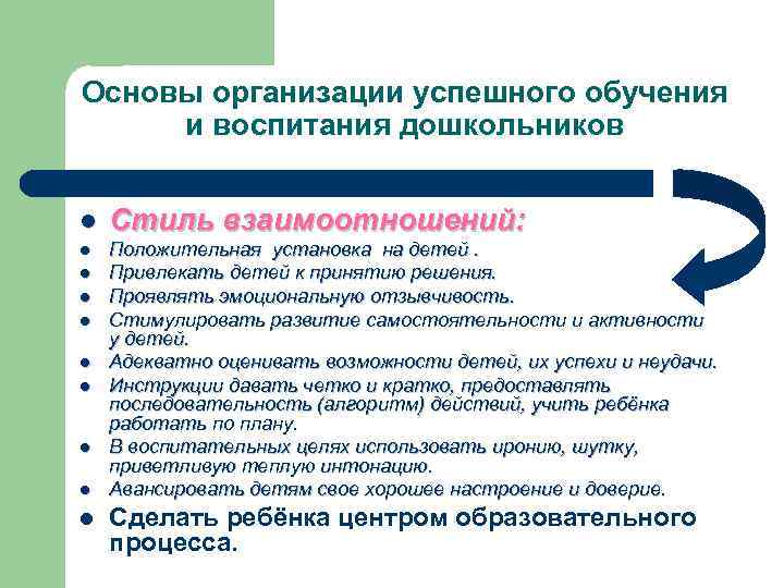 Основы организации успешного обучения и воспитания дошкольников l Стиль взаимоотношений: l Положительная установка на