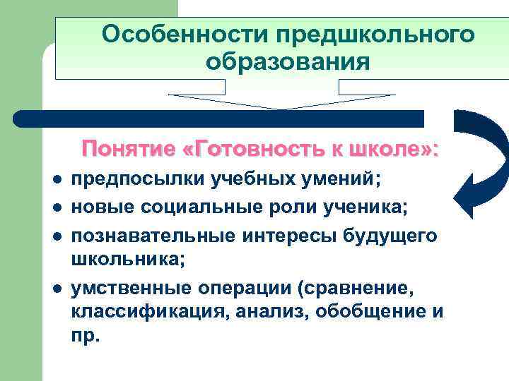Особенности предшкольного образования Понятие «Готовность к школе» : l l предпосылки учебных умений; новые