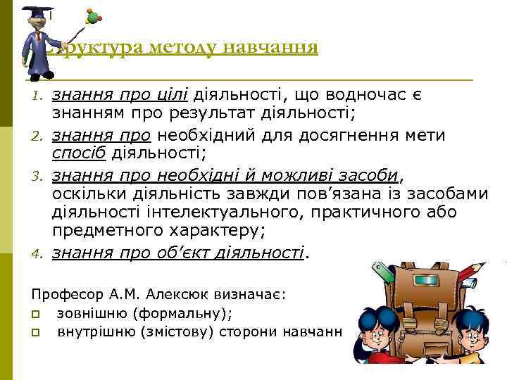 Структура методу навчання 1. 2. 3. 4. знання про цілі діяльності, що водночас є