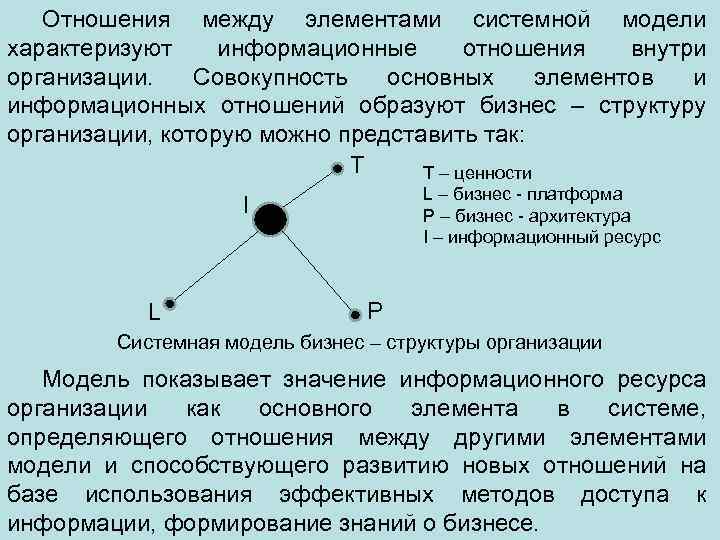 Отношения между элементами системной модели характеризуют информационные отношения внутри организации. Совокупность основных элементов и