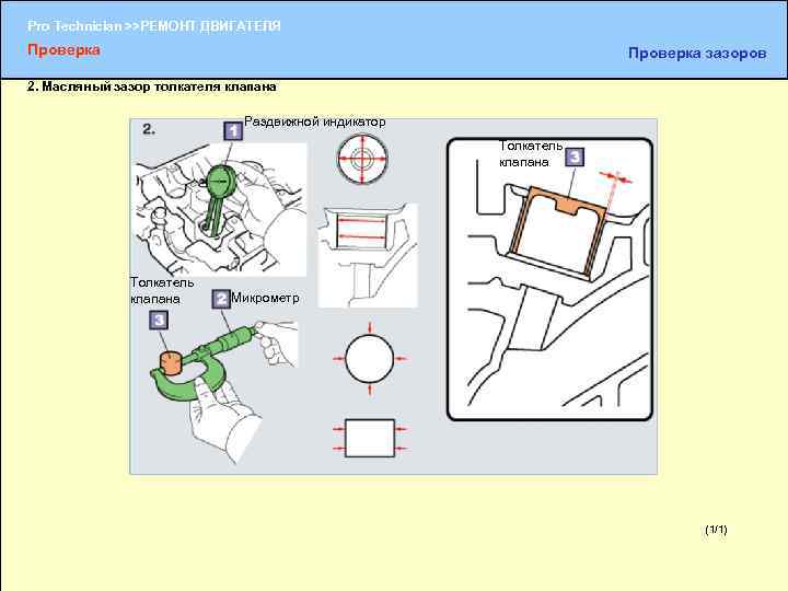 Pro Technician >>РЕМОНТ ДВИГАТЕЛЯ Проверка зазоров 2. Масляный зазор толкателя клапана Раздвижной индикатор Толкатель