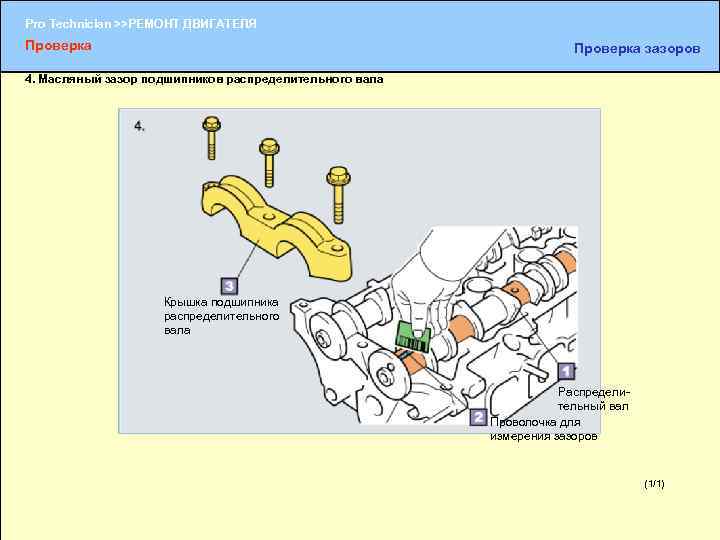 Pro Technician >>РЕМОНТ ДВИГАТЕЛЯ Проверка зазоров 4. Масляный зазор подшипников распределительного вала Крышка подшипника
