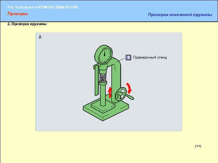 Pro Technician >>РЕМОНТ ДВИГАТЕЛЯ Проверка клапанной пружины 2. Проверка пружины Проверочный стенд (1/1) (1/2)