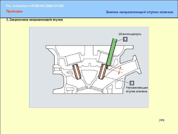 Pro Technician >>РЕМОНТ ДВИГАТЕЛЯ Проверка Замена направляющей втулки клапана 3. Запрессовка направляющей втулки Штангенциркуль