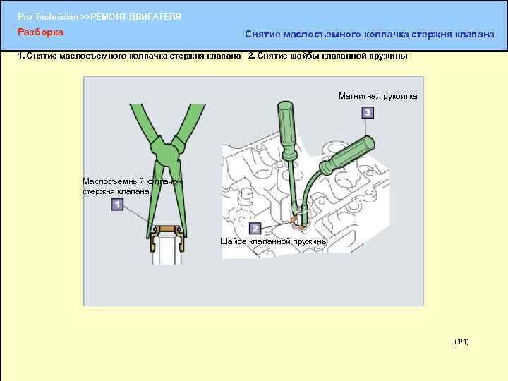 Pro Technician >>РЕМОНТ ДВИГАТЕЛЯ Разборка Снятие маслосъемного колпачка стержня клапана 1. Снятие маслосъемного колпачка