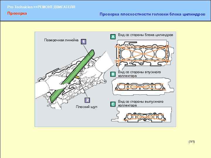 Pro Technician >>РЕМОНТ ДВИГАТЕЛЯ Проверка плоскостности головки блока цилиндров Вид со стороны блока цилиндров